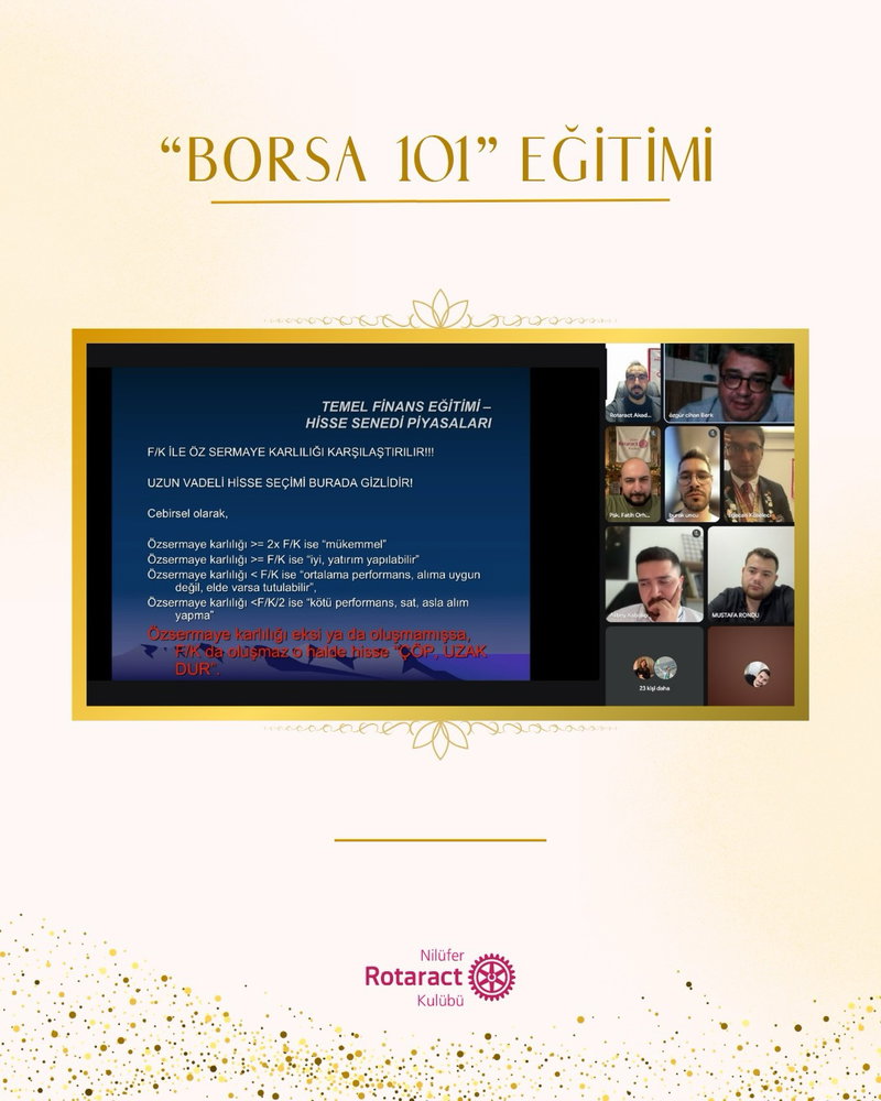 20.07.2026 tarihinde Çekirge Rotaract Kulübü (@cekirgerotaractkulubu ) iş birliğiyle ve Özgür Cihan Berk’in değerli anlatımıyla Borsa 101 eğitimini gerçekleştirdik.